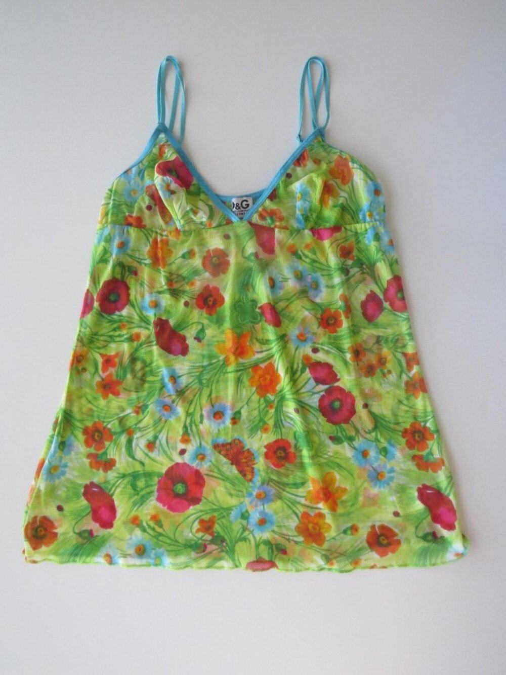 Vintage 2000s Dolce & Gabbana Sheer Mesh Wildflower Poppy Print Babydoll Camisol